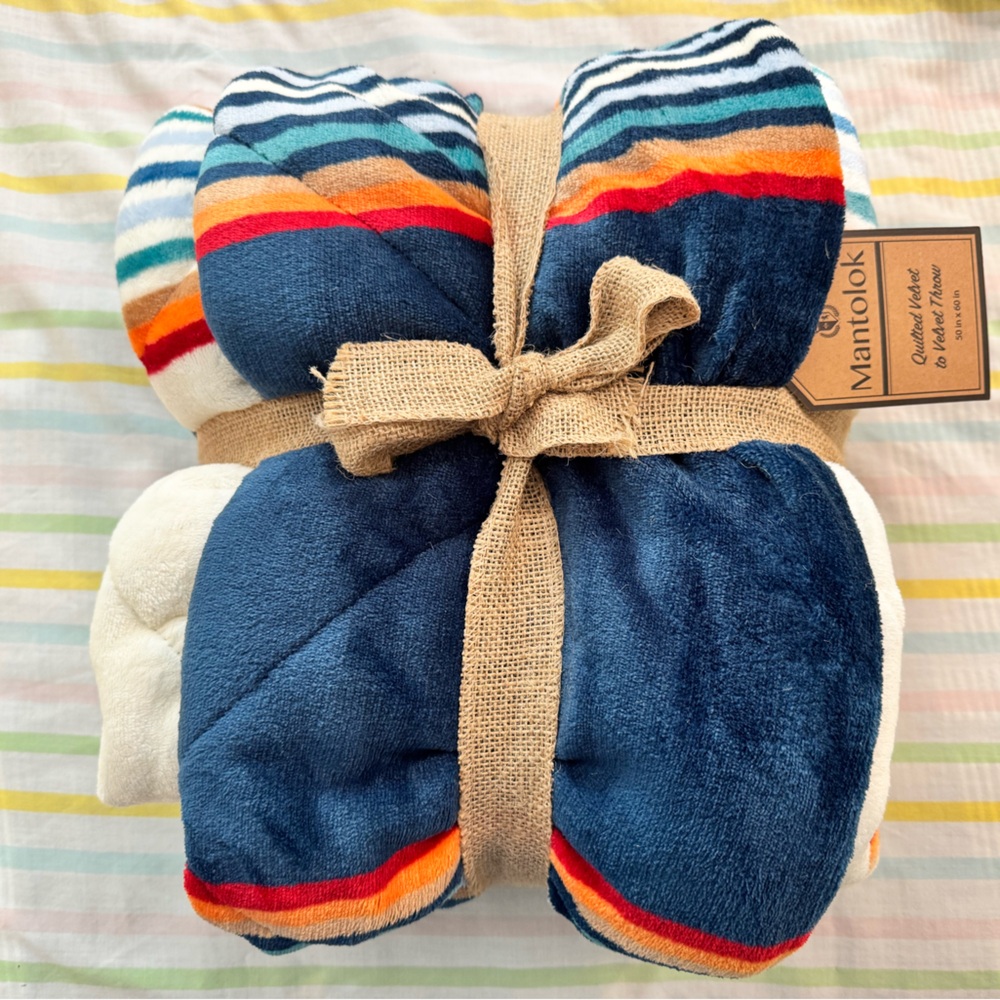 Mantolok Quilted Velvet Waylon Striped Blanket - Navy Blue